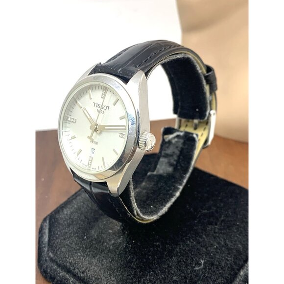 Tissot Women's Watch PR100 Swiss Quartz Diamond Silver Dial Black Leather 33mm - Picture 2 of 13